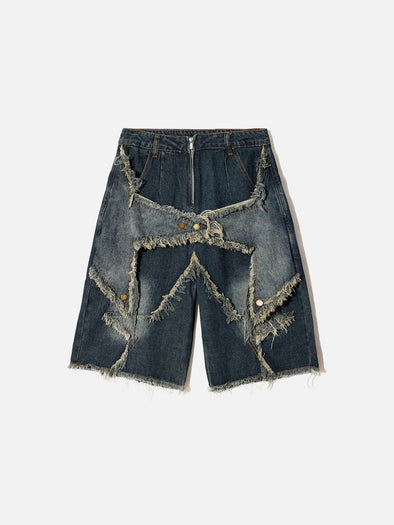 Vintage Starry Fringe Hem Denim Shorts