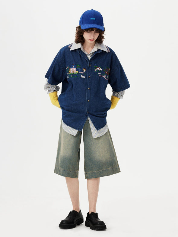 Aelfric Eden Embroidery Denim Short Sleeve Shirt