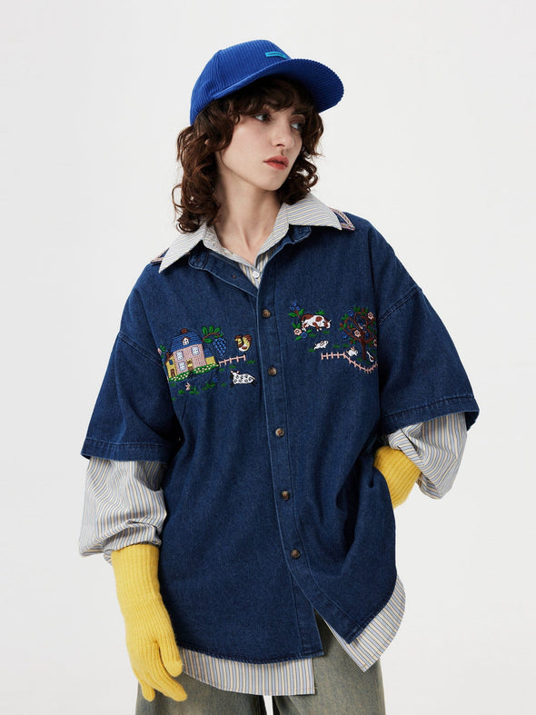 Aelfric Eden Embroidery Denim Short Sleeve Shirt